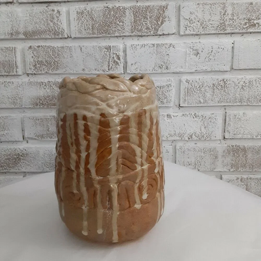 Masako Pottery Honey Bun Glazed Stone Ware Textured Column Vase Drizzled Glaze.